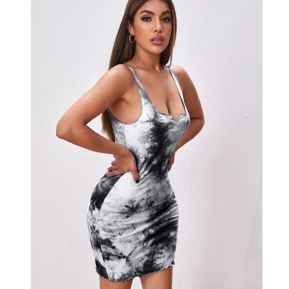 Notch Neck Ribbed Tie Dye Mini Bodycon Summer Dress Size Large - Picture 4 of 14
